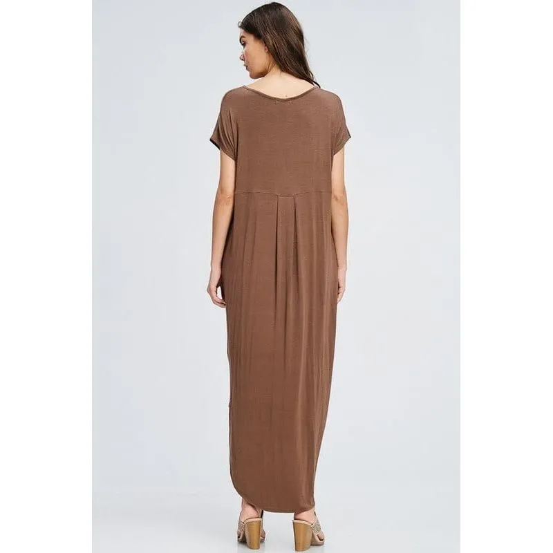 Loose fit, scoop V-neck, short sleeve midi length dress