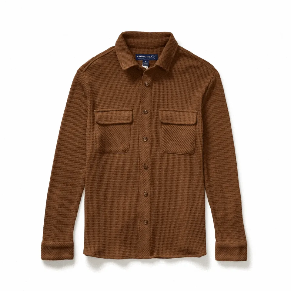 Magnetic Front WaffleWeave Casual Shirt with Dual Pockets in Choco