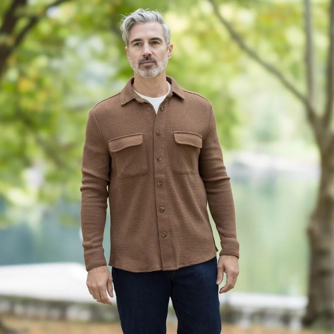 Magnetic Front WaffleWeave Casual Shirt with Dual Pockets in Choco