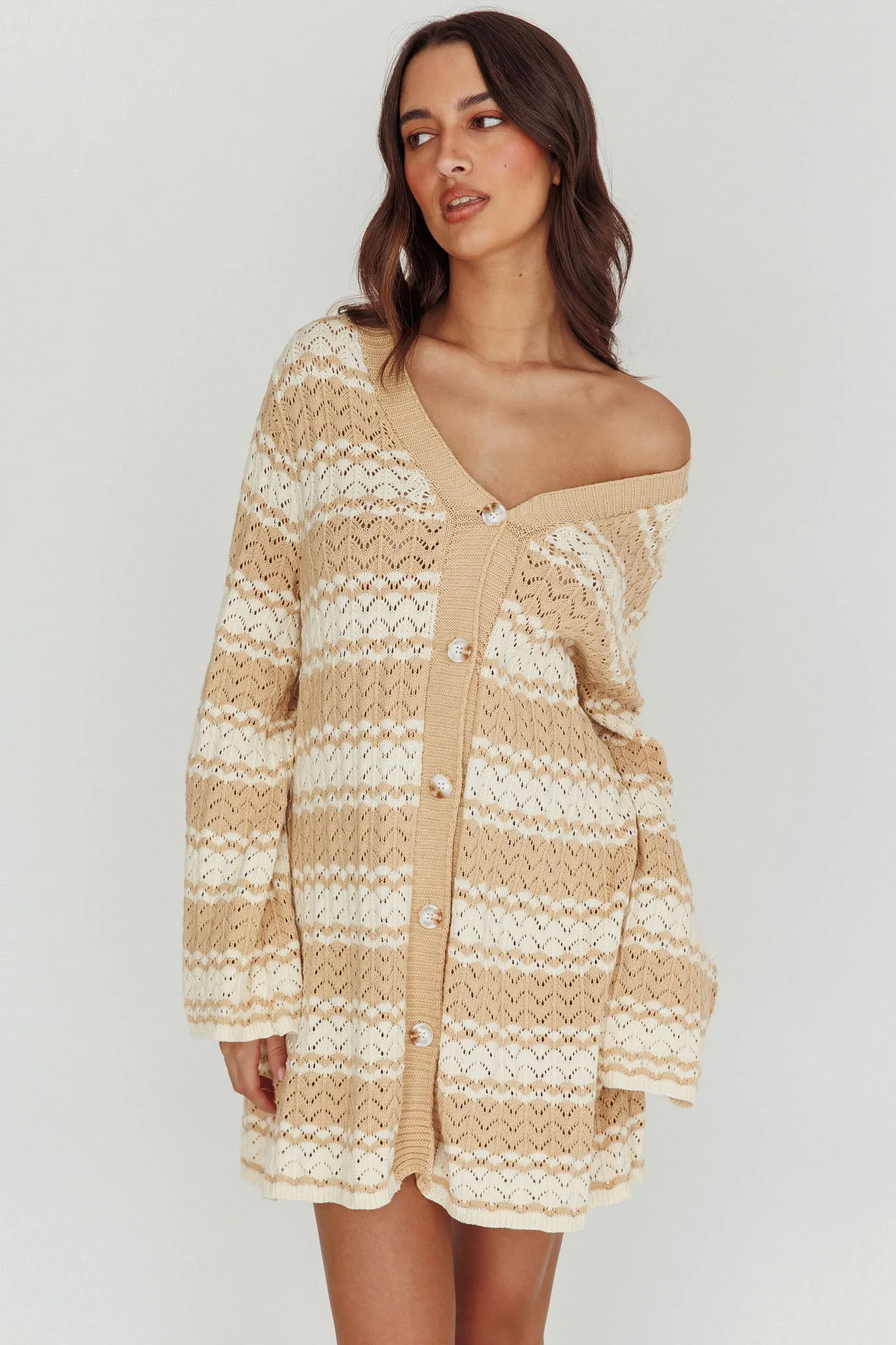 Maysah Button-Up Knit Shirt Dress Nude Ivory