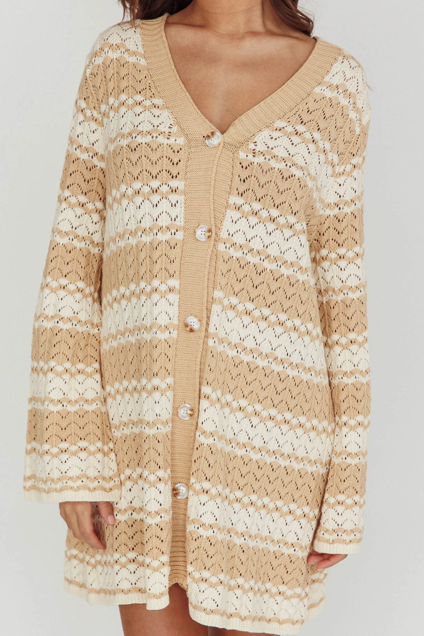 Maysah Button-Up Knit Shirt Dress Nude Ivory