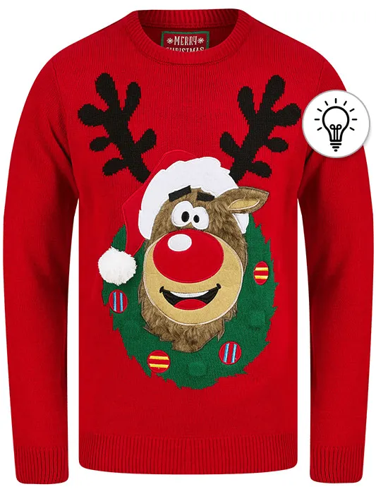 Men's Reindeer Wreath Motif LED Light Up Novelty Christmas Jumper in George Red - Merry Christmas