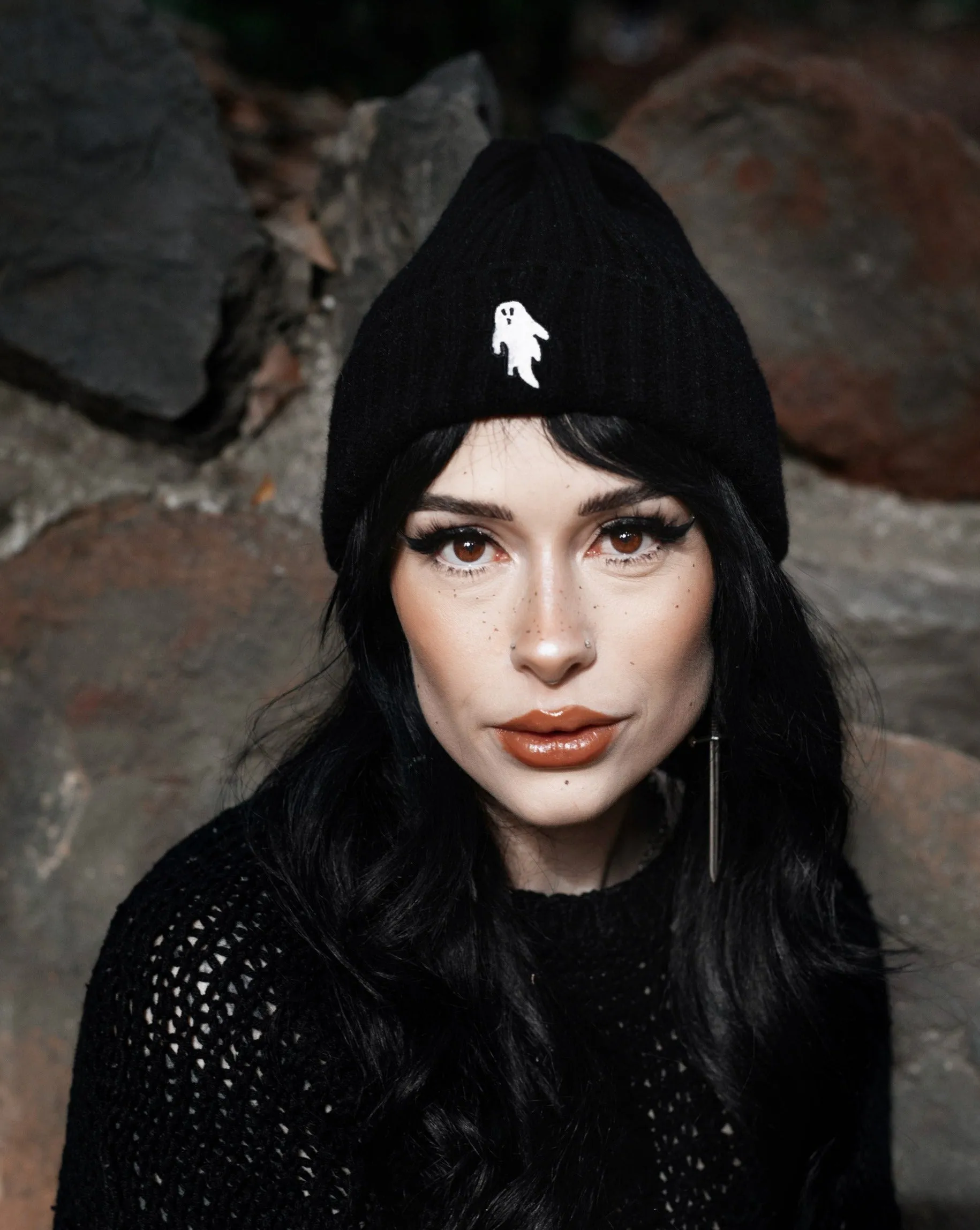 Midnight Black | Ghostie Embroidered & Reversible Knit Beanie