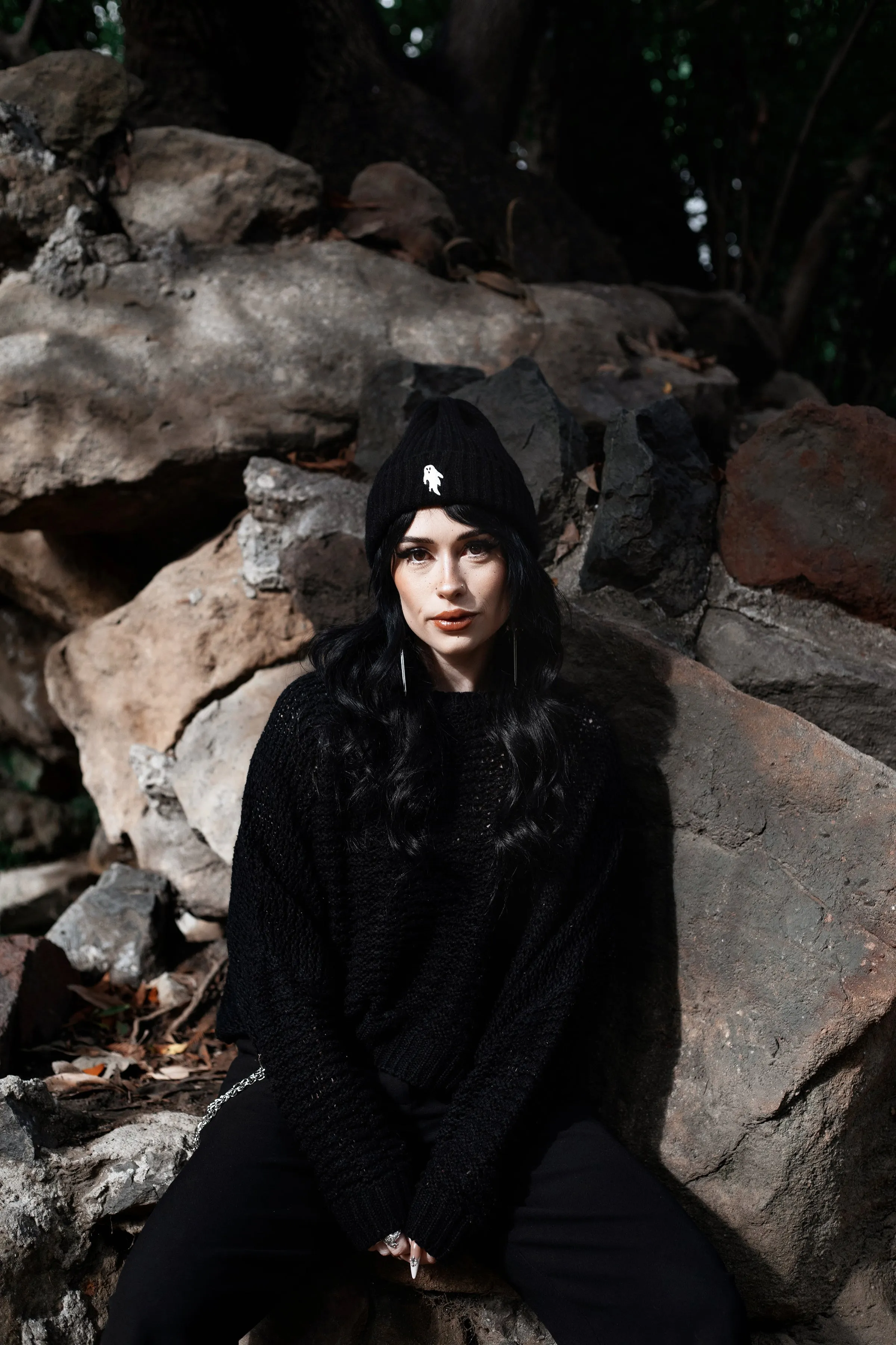 Midnight Black | Ghostie Embroidered & Reversible Knit Beanie