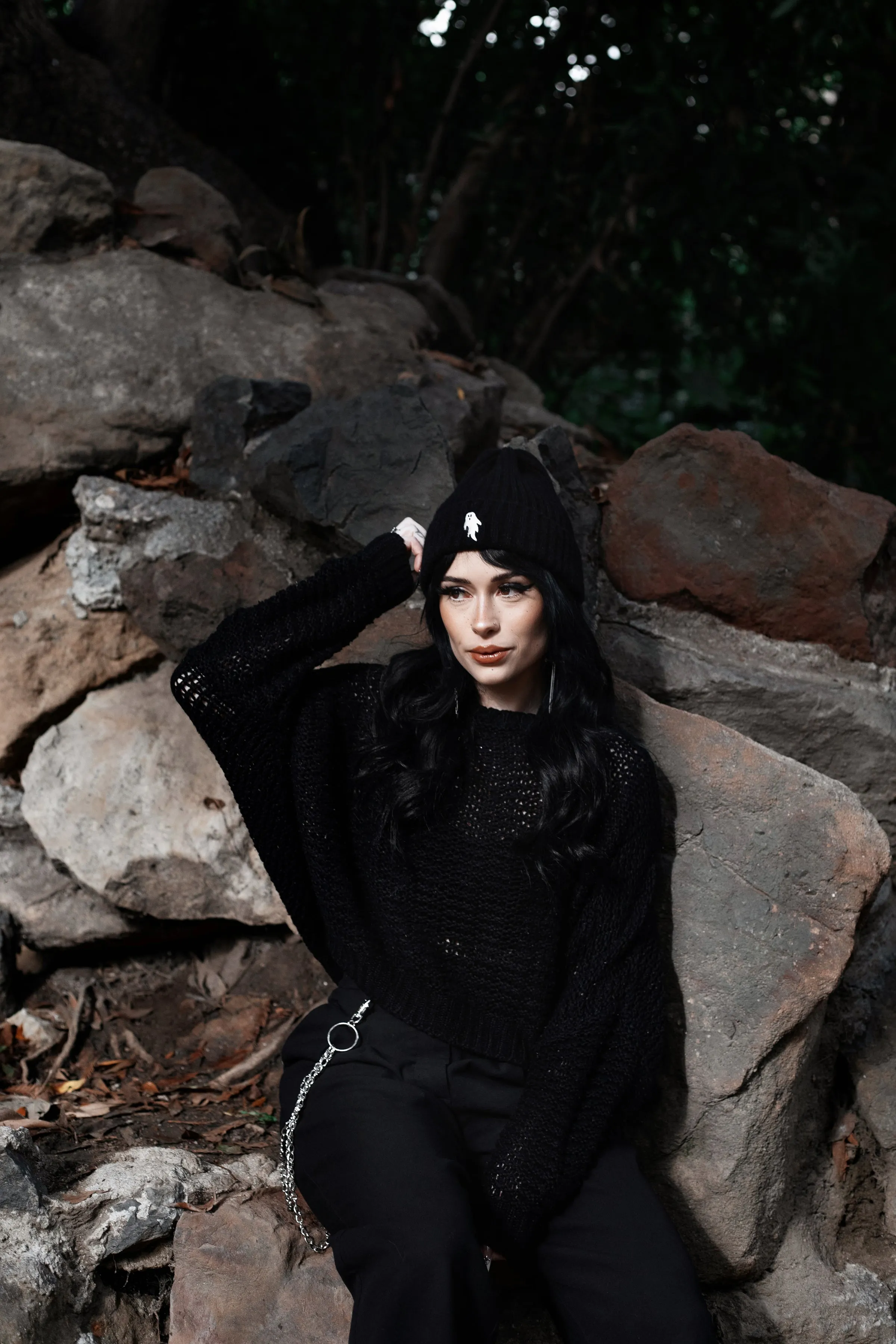 Midnight Black | Ghostie Embroidered & Reversible Knit Beanie