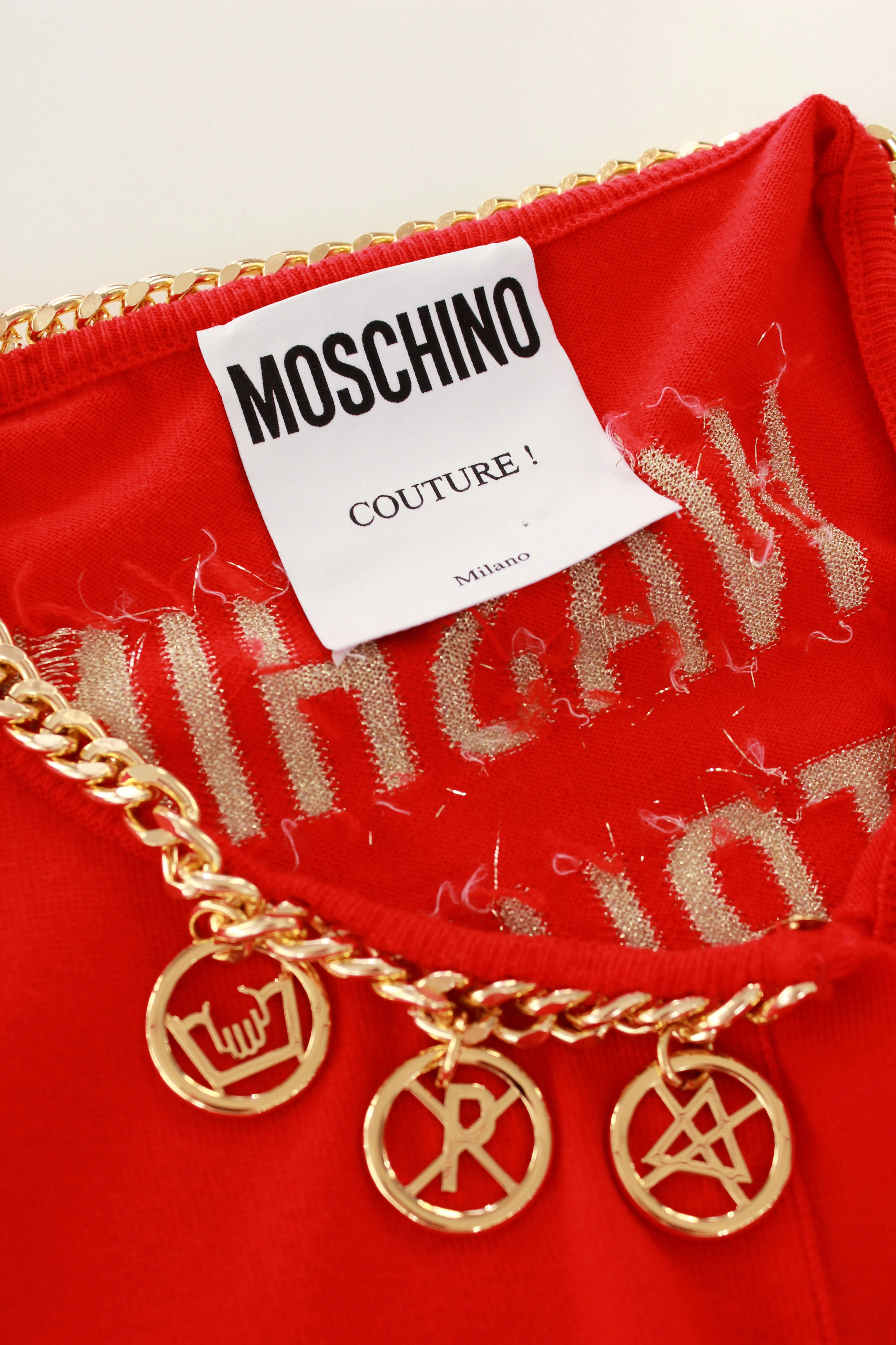 Moschino Red And Gold "Washing Instructions" Cardigan With Gold Charms, Medium