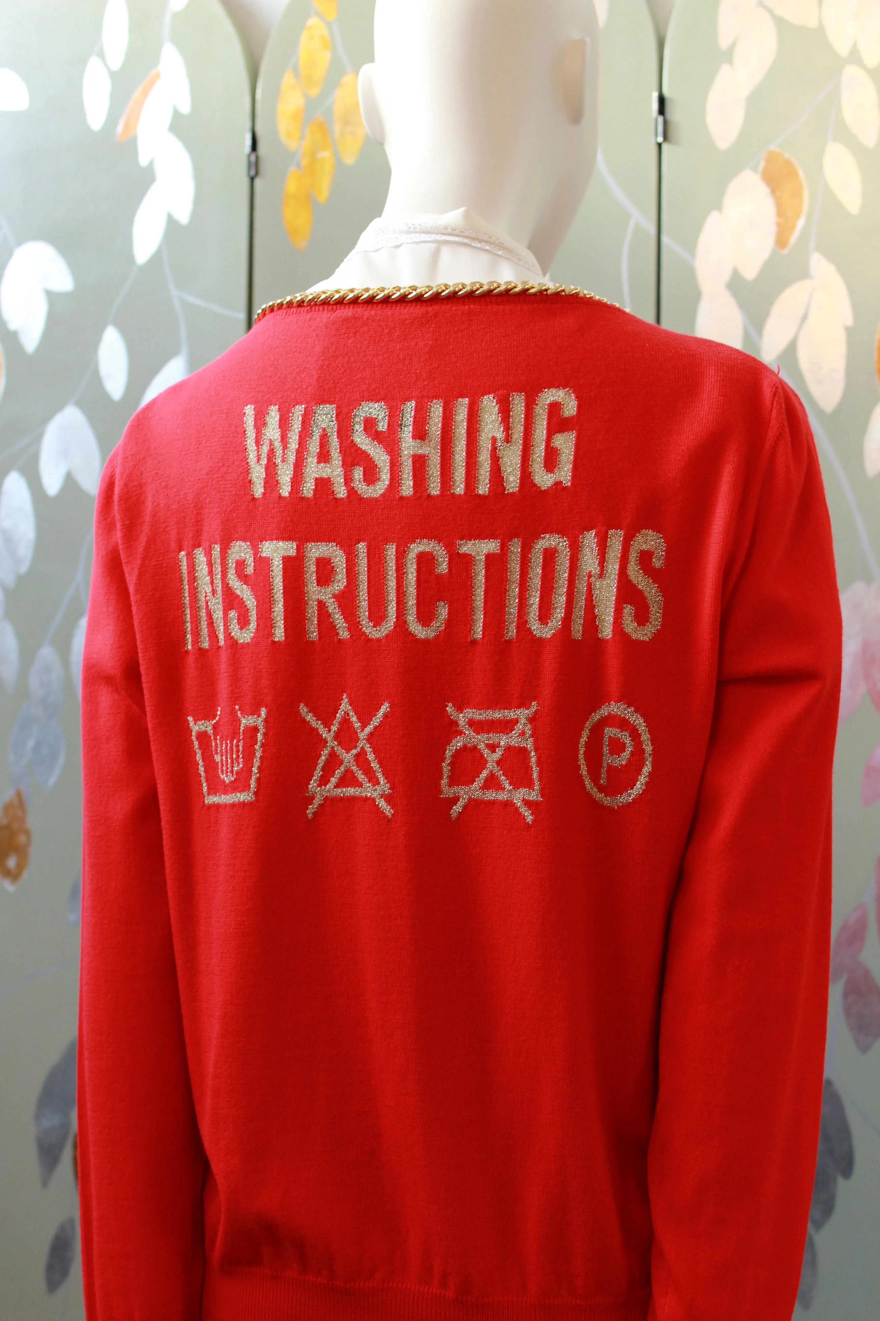 Moschino Red And Gold "Washing Instructions" Cardigan With Gold Charms, Medium