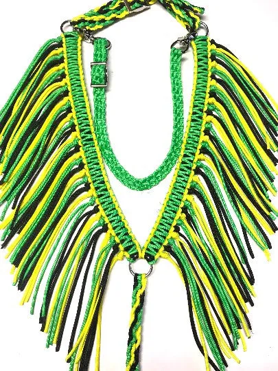 Neon Yellow Neon Green and Black fringe breast collar with a wither strap