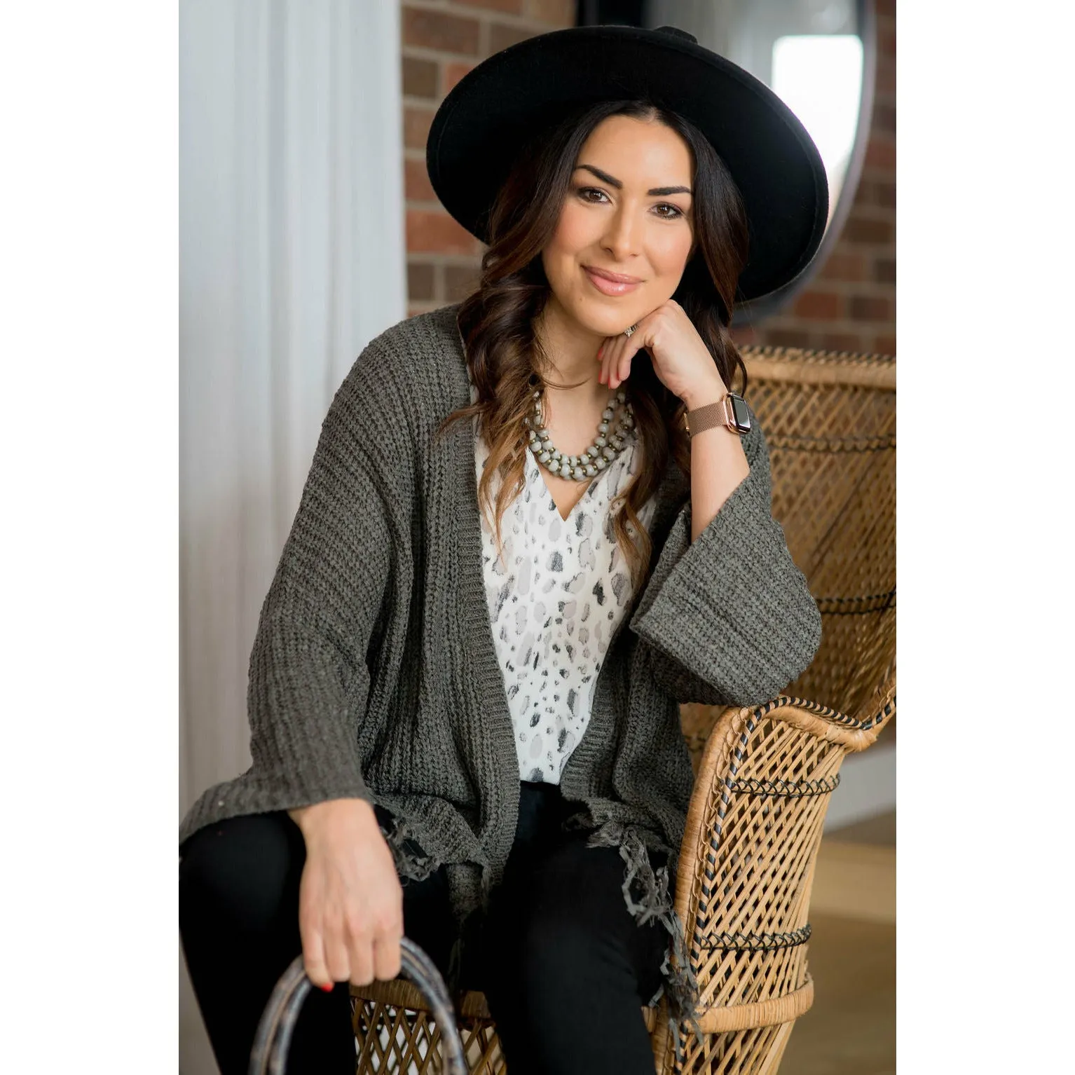 Olive Angel Sleeve Fringe Cardigan