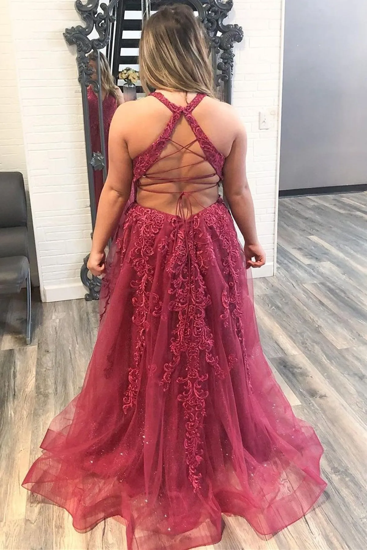 Open Back V Neck Burgundy Lace Long Prom Dress, Maroon Lace Formal Dress, Burgundy Tulle Evening Dress A1561