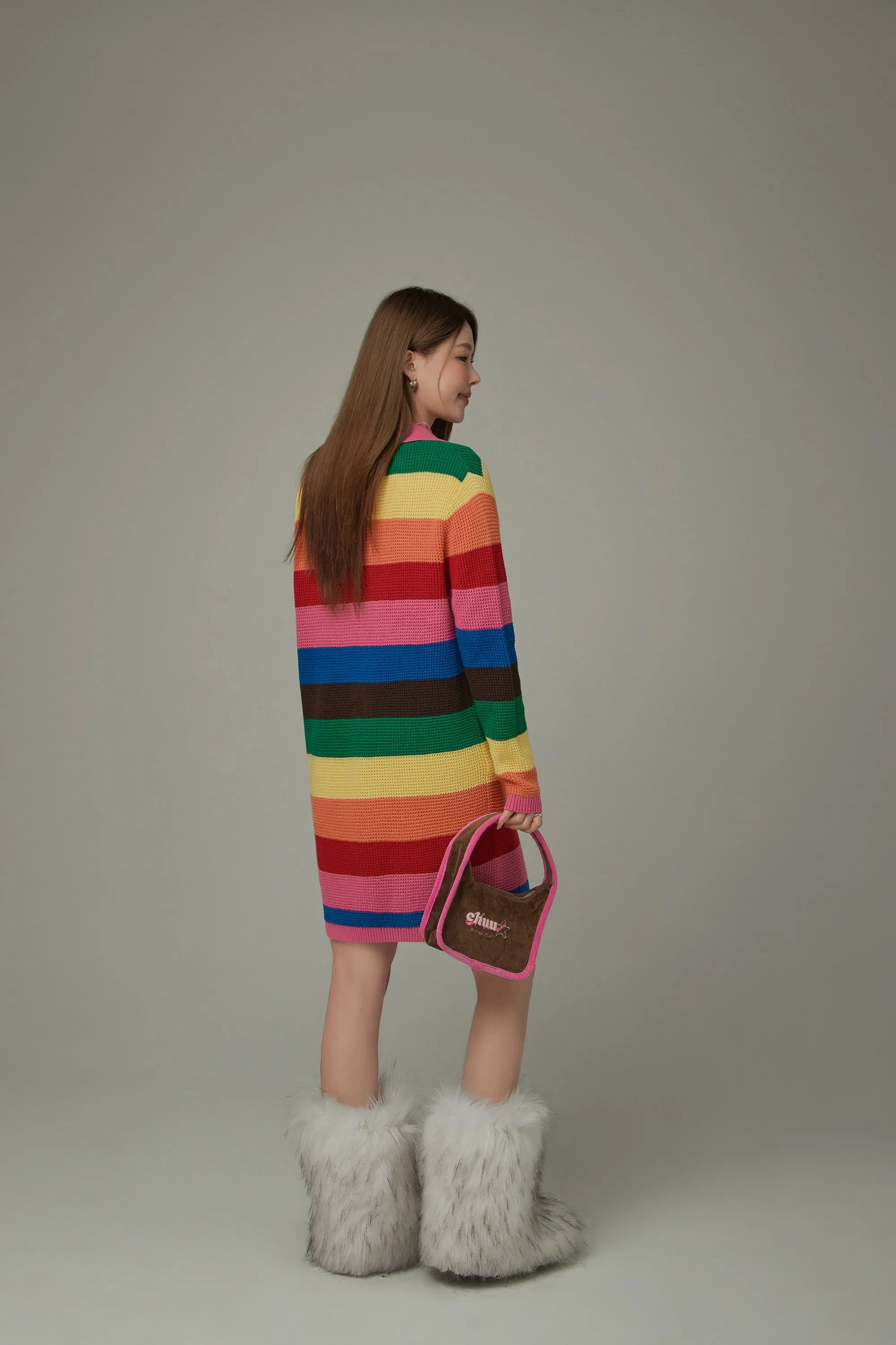 Open Collar Rainbow Knit Dress