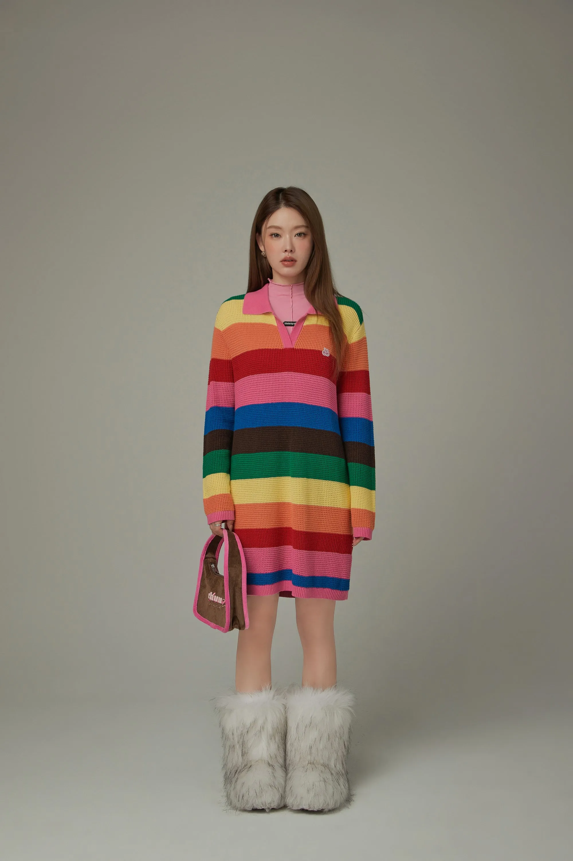 Open Collar Rainbow Knit Dress