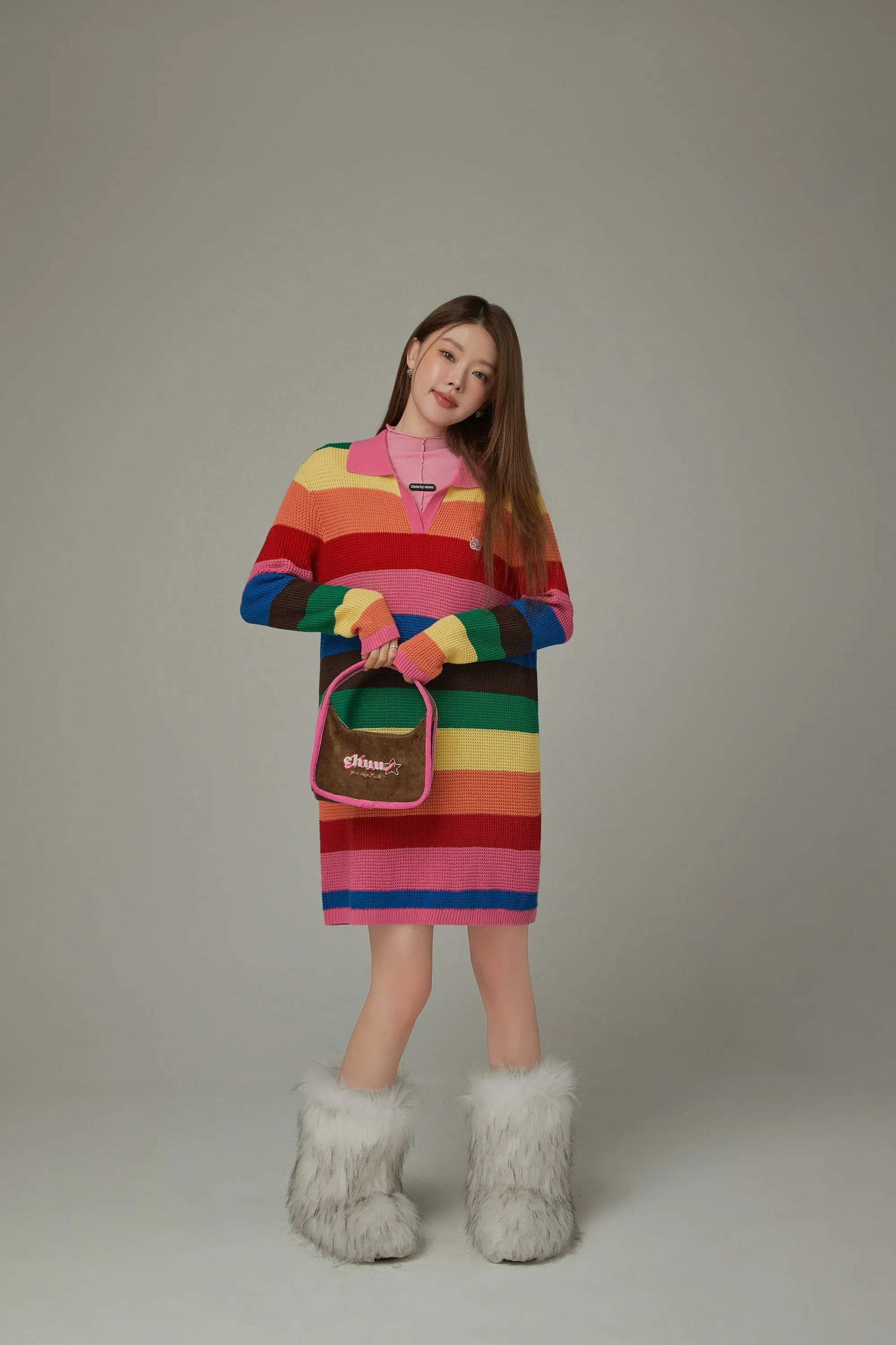 Open Collar Rainbow Knit Dress