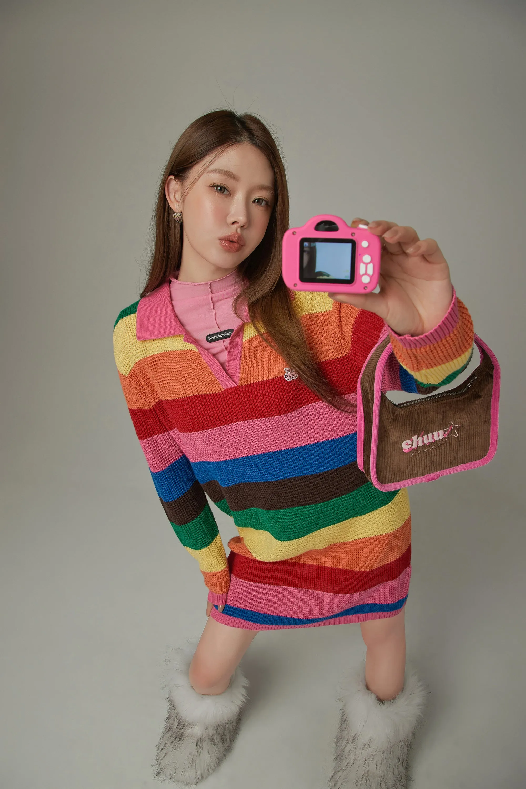 Open Collar Rainbow Knit Dress