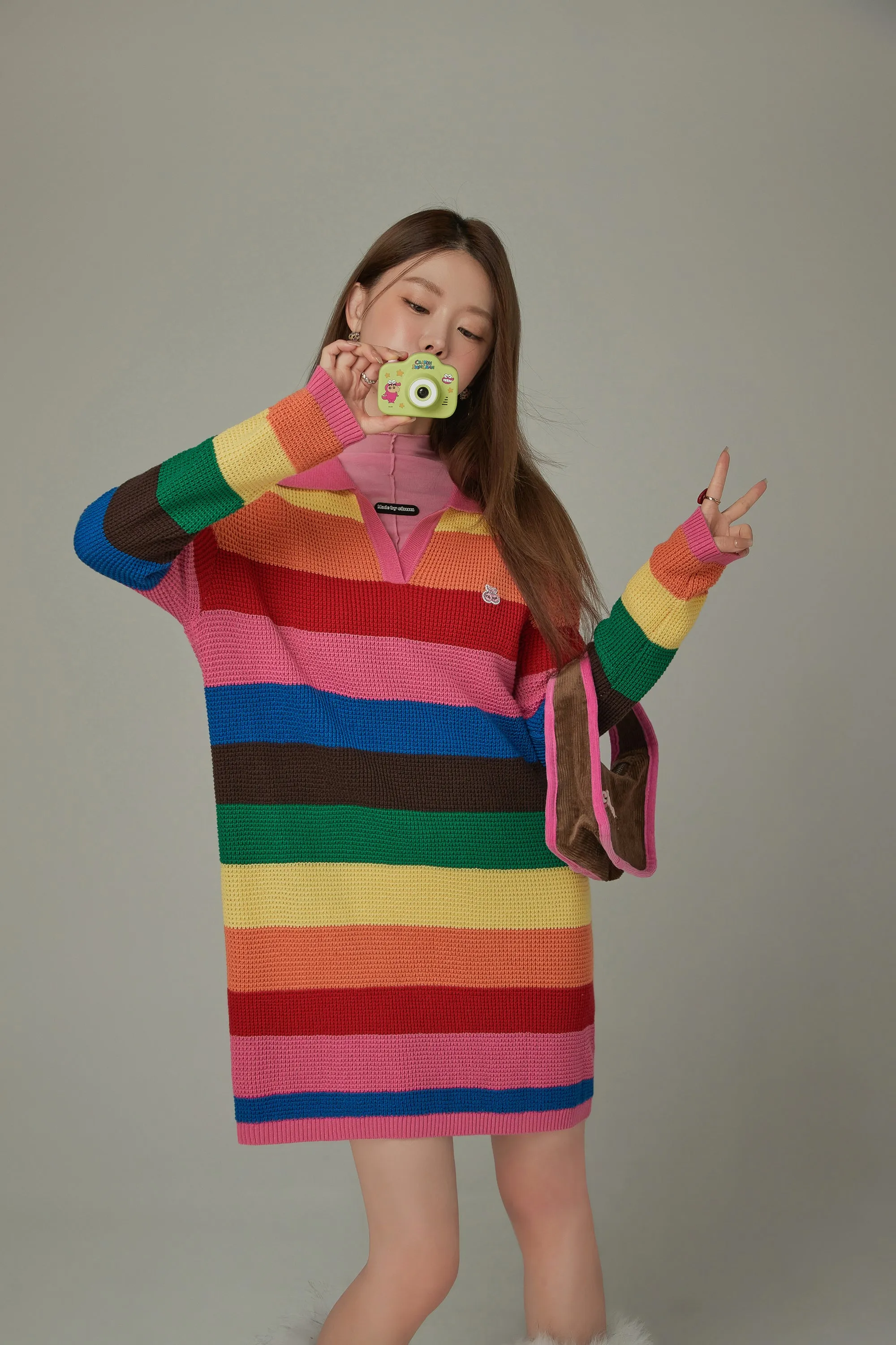 Open Collar Rainbow Knit Dress