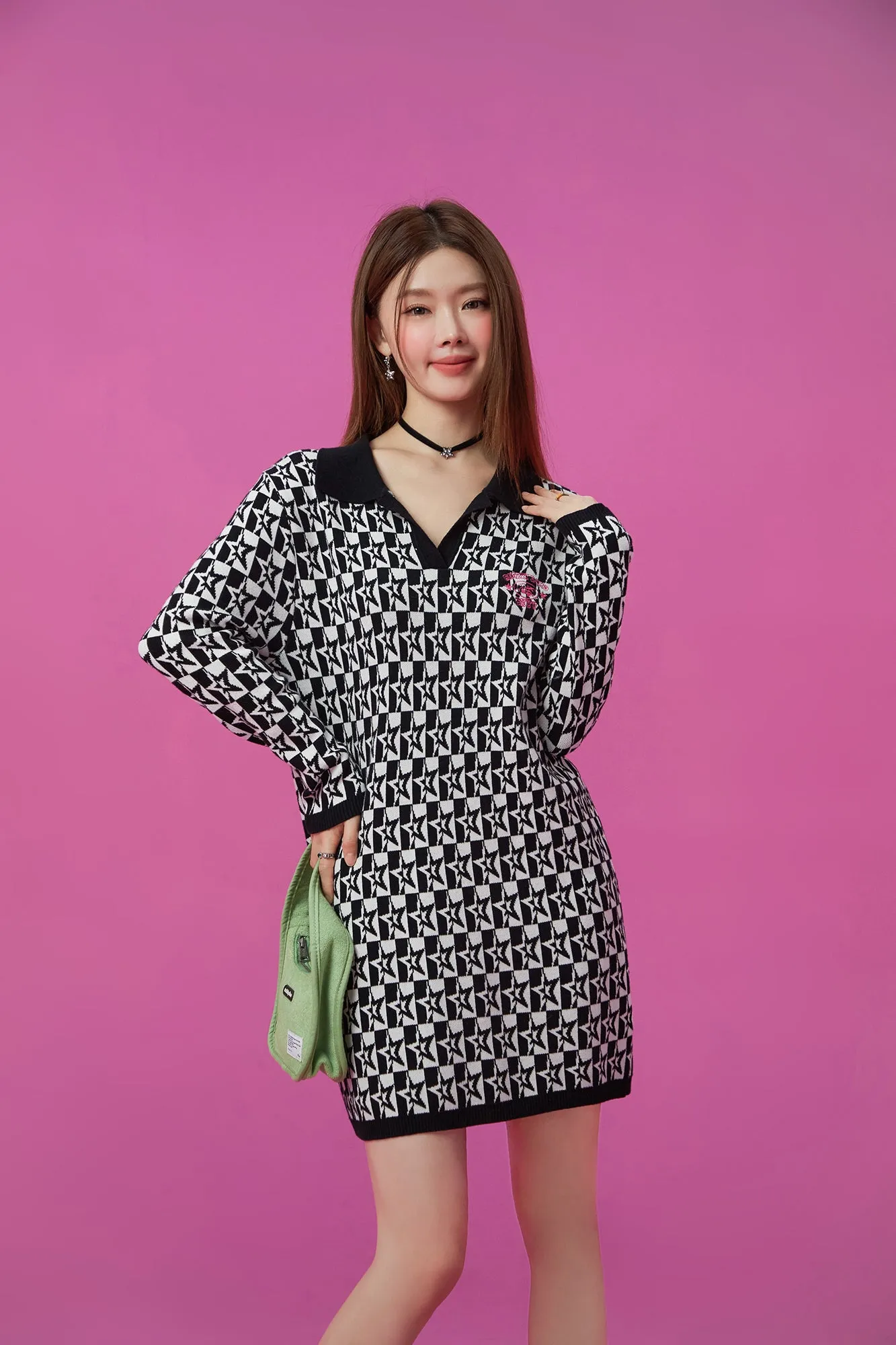 Open Collar Star Knit Dress