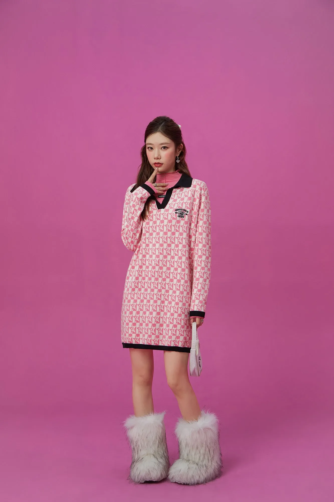 Open Collar Star Knit Dress