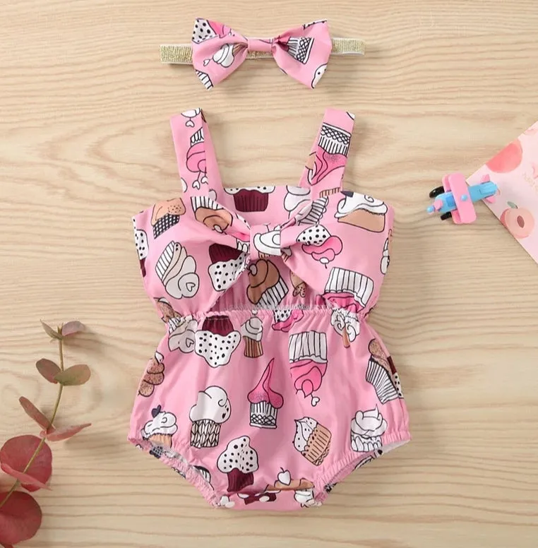 Pink Bowknot Cup Cake Romper #1000500