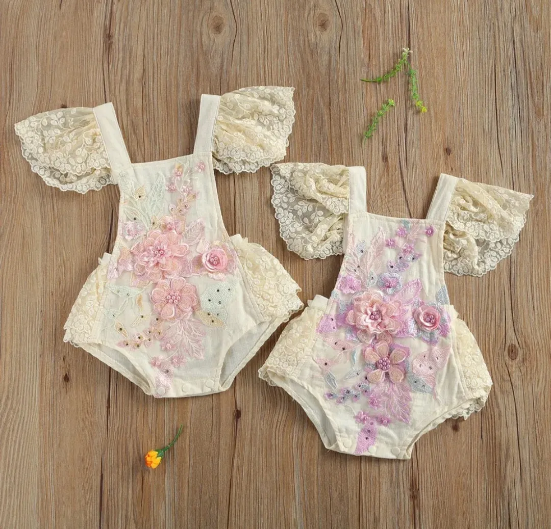 Pink Floral Embroidered Lace Romper #1001158