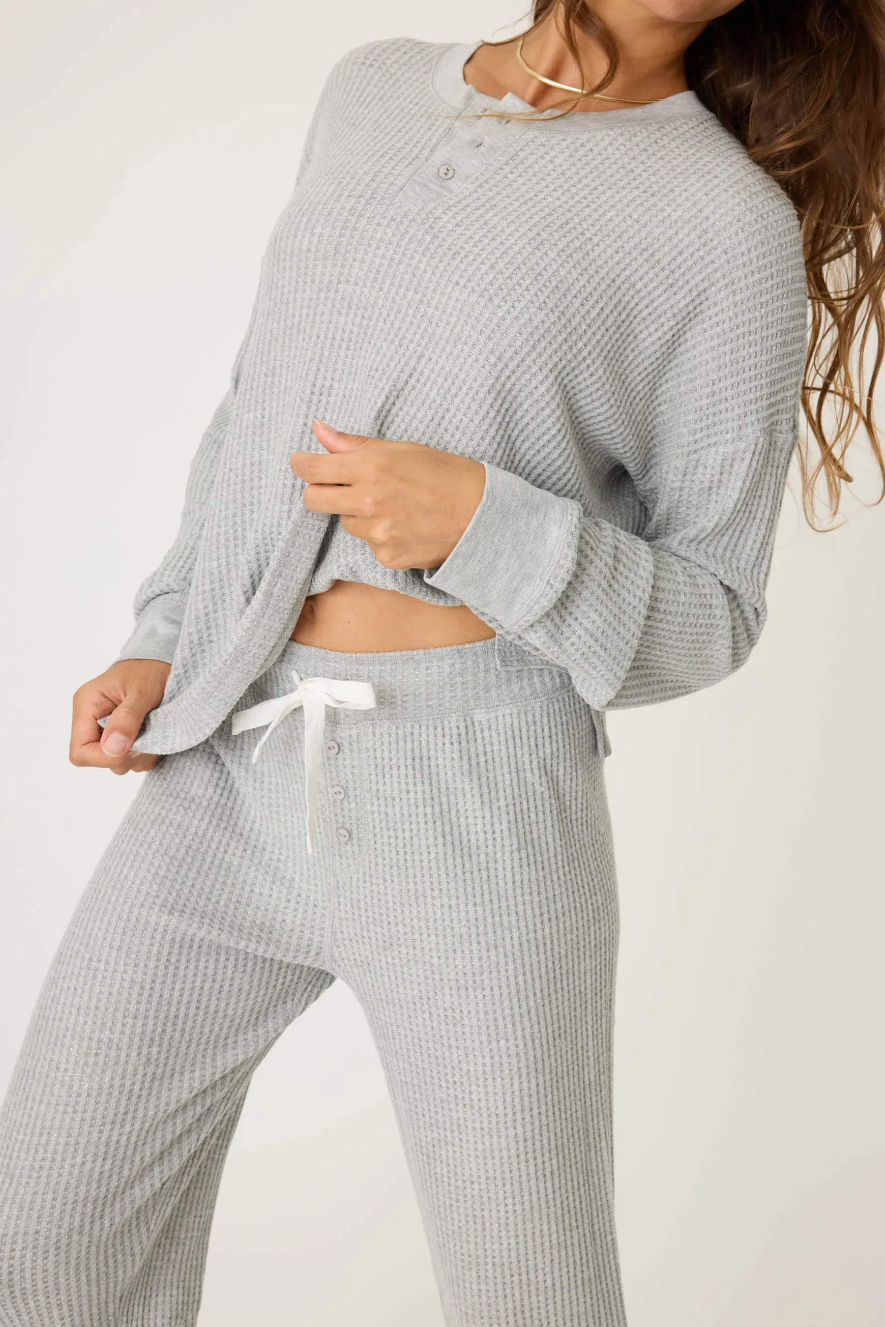 PJ Salvage Silver Sparkle Waffle Thermal Ski Jammie Set - Heather Grey