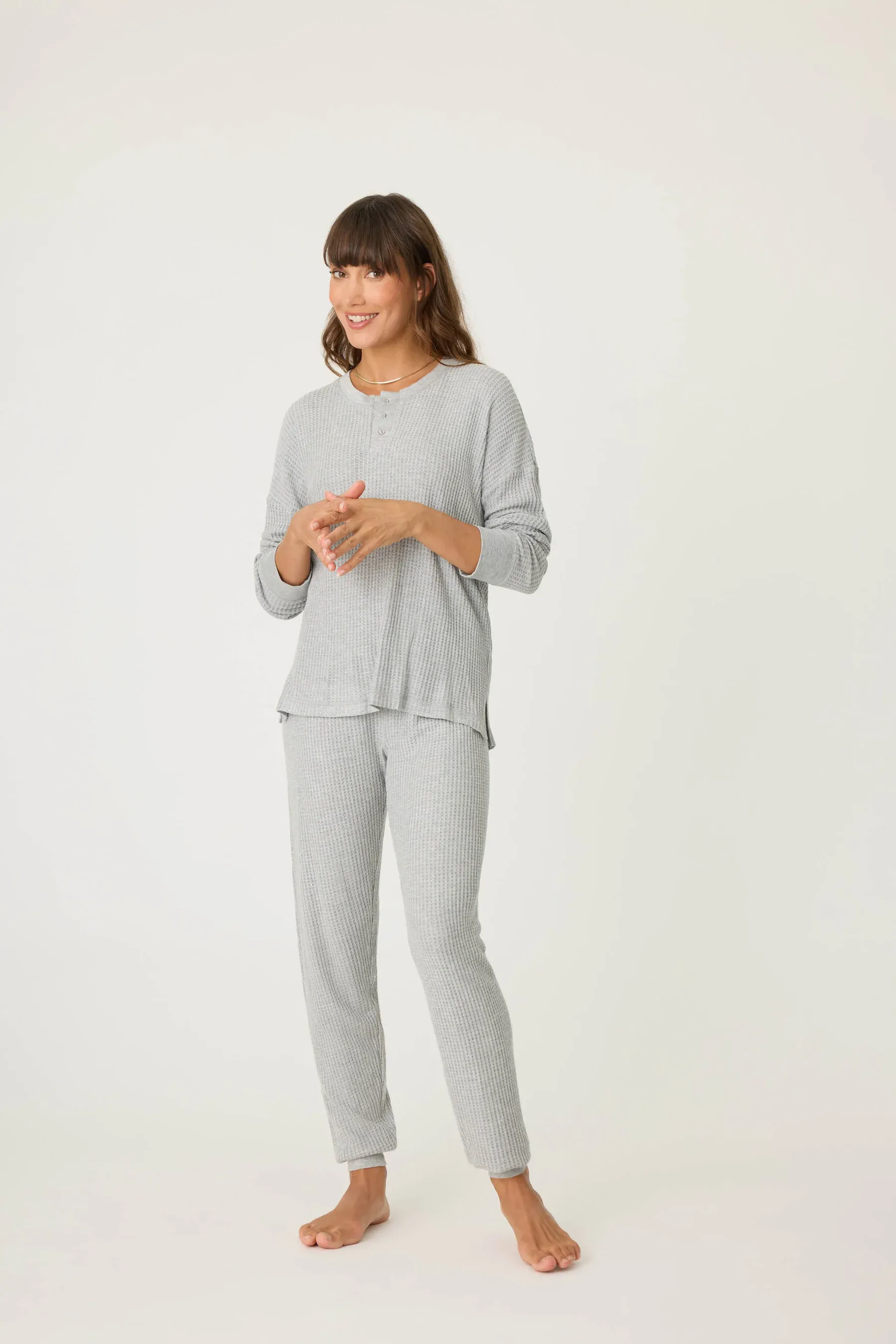 PJ Salvage Silver Sparkle Waffle Thermal Ski Jammie Set - Heather Grey