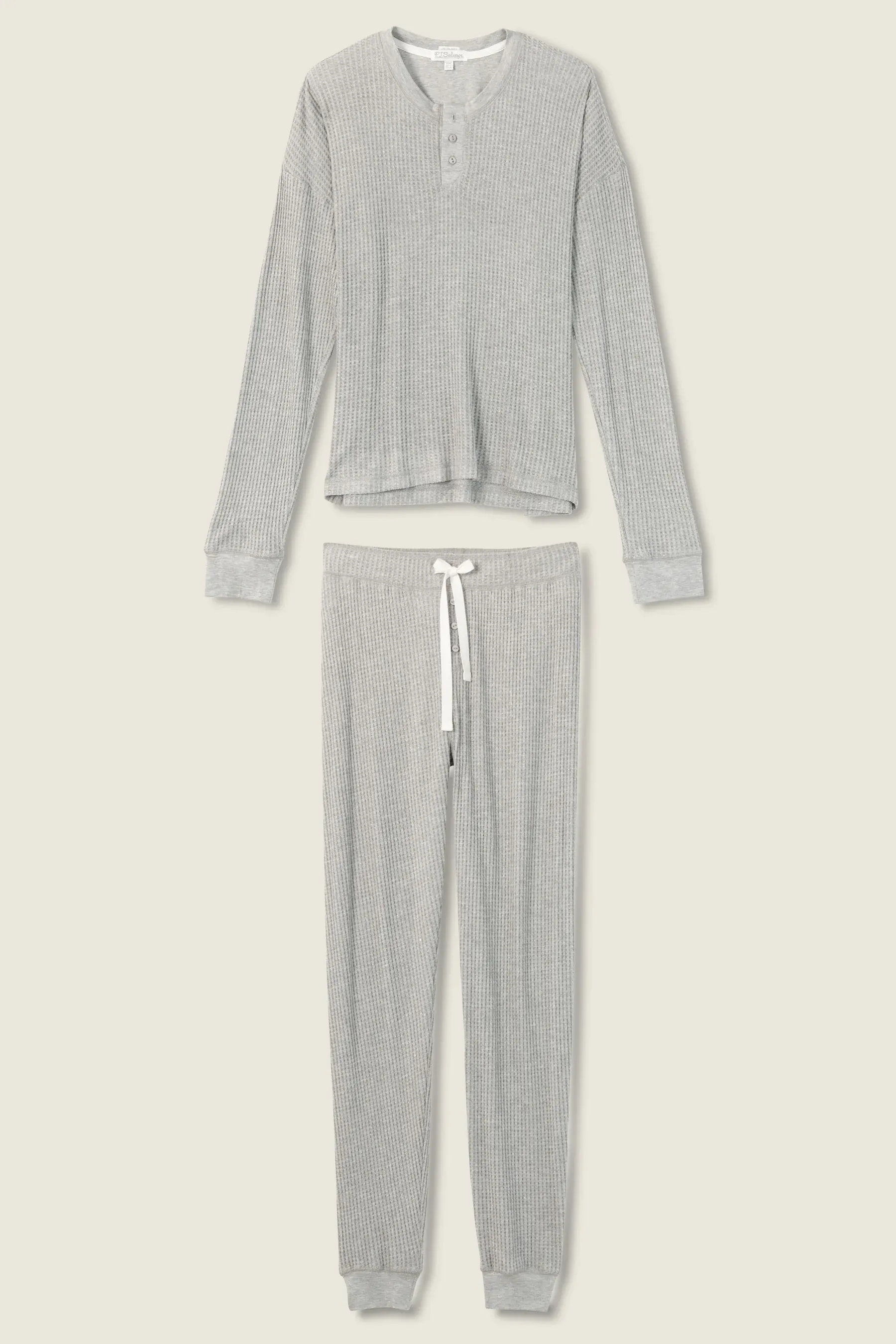 PJ Salvage Silver Sparkle Waffle Thermal Ski Jammie Set - Heather Grey