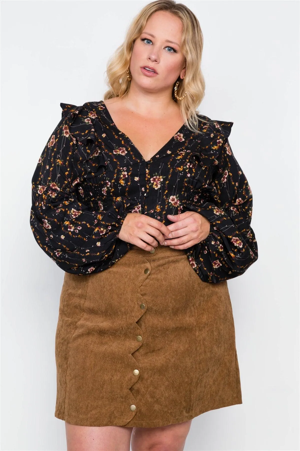 Plus Size Camel Corduroy Scallop Front Mini Skirt /2-1