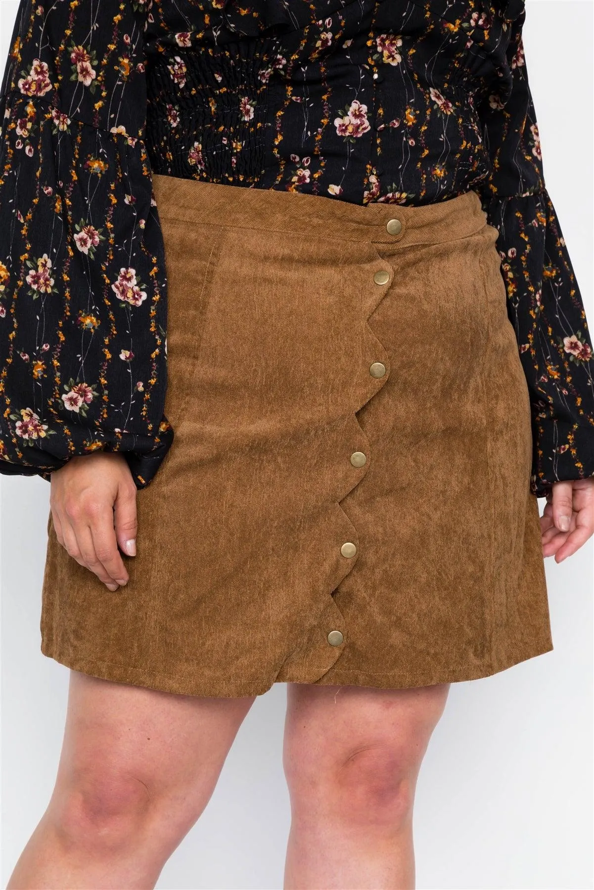 Plus Size Camel Corduroy Scallop Front Mini Skirt /2-1