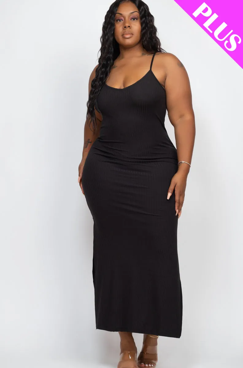 Plus Size Ribbed Side Slit Long Cami Maxi Dress