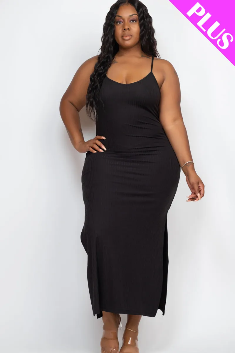 Plus Size Ribbed Side Slit Long Cami Maxi Dress