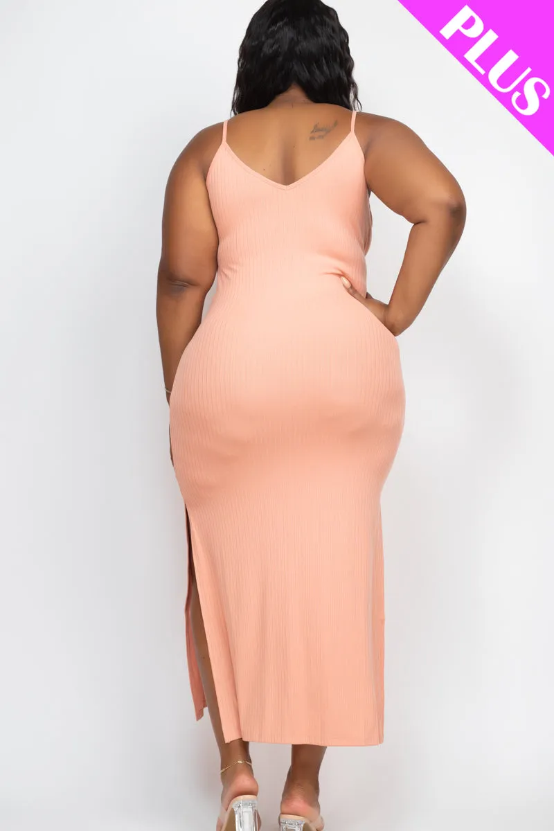 Plus Size Ribbed Side Slit Long Cami Maxi Dress