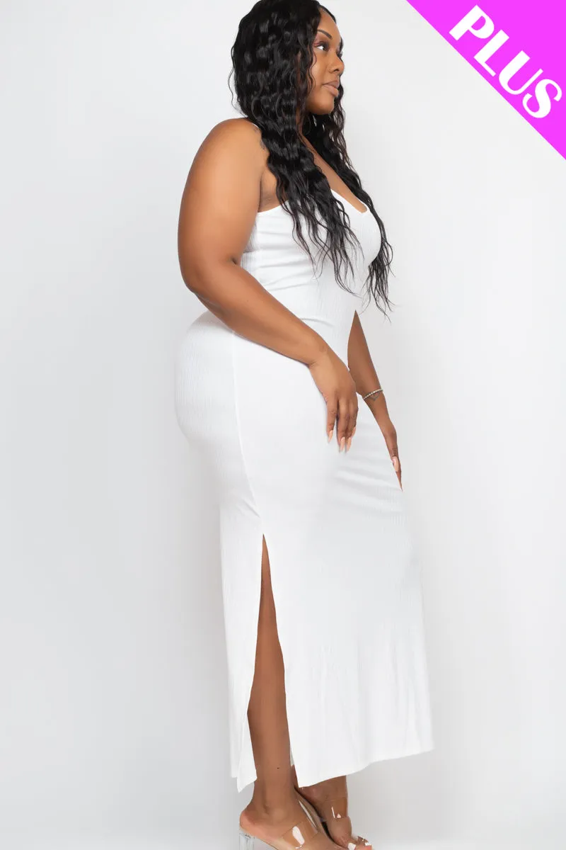 Plus Size Ribbed Side Slit Long Cami Maxi Dress