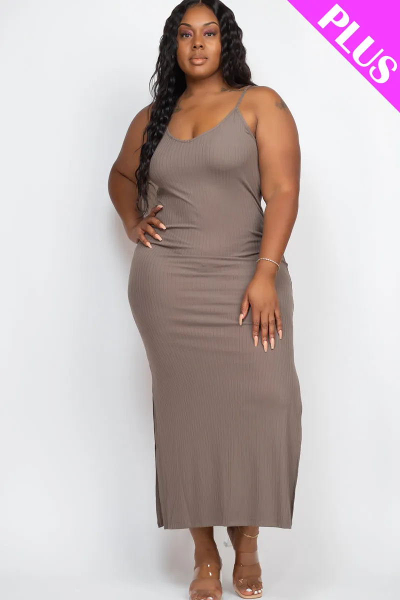 Plus Size Ribbed Side Slit Long Cami Maxi Dress