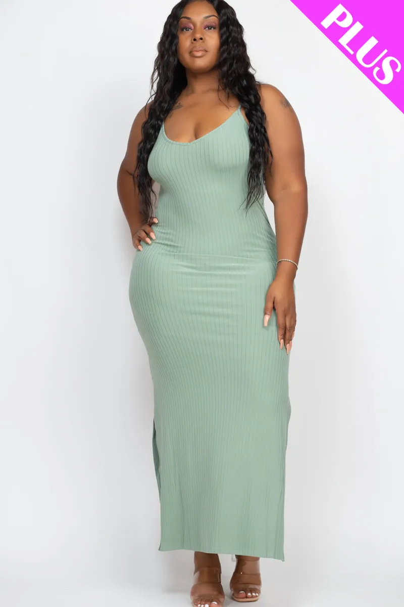 Plus Size Ribbed Side Slit Long Cami Maxi Dress