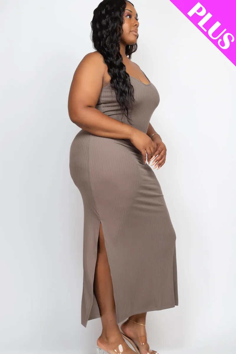 Plus Size Ribbed Side Slit Long Cami Maxi Dress