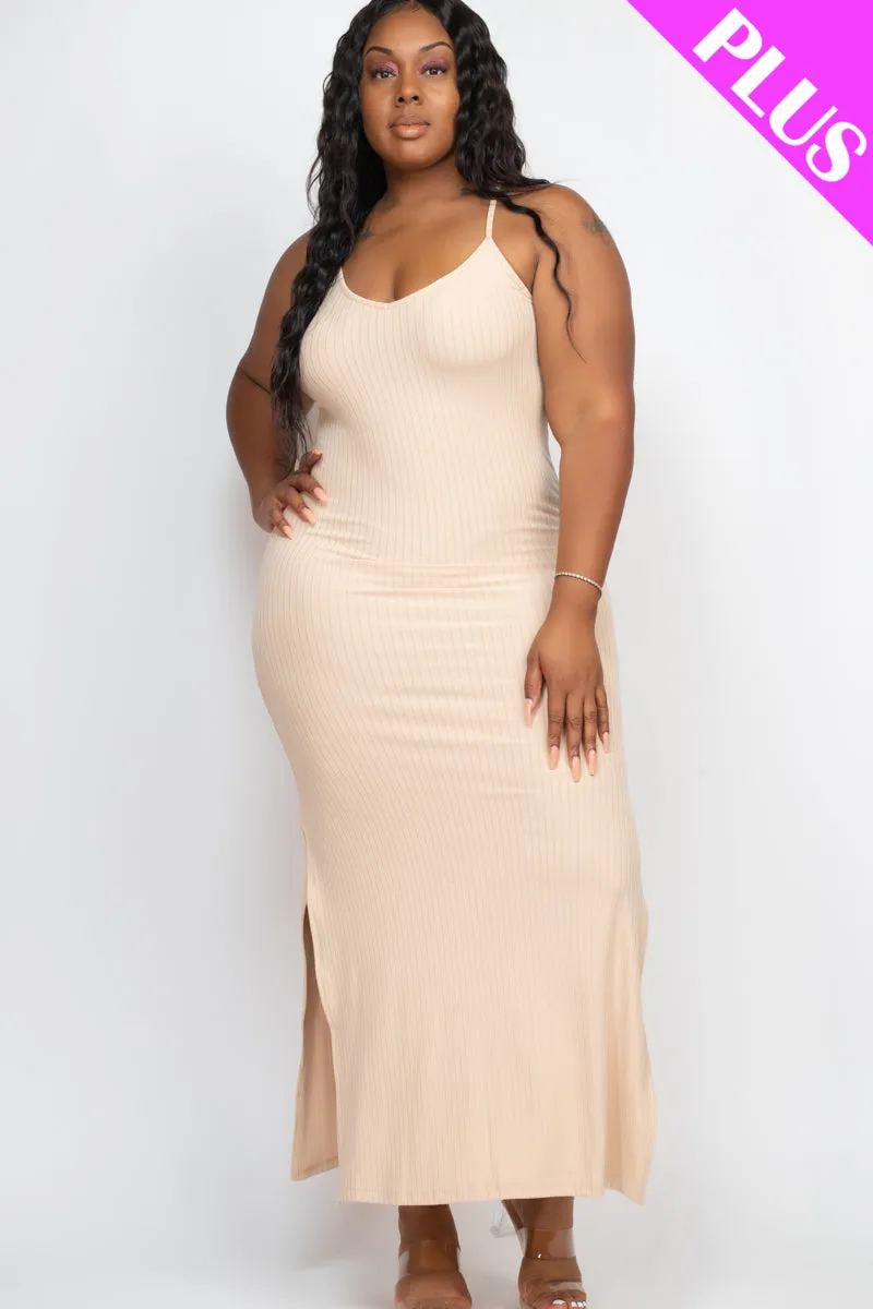 Plus Size Ribbed Side Slit Long Cami Maxi Dress