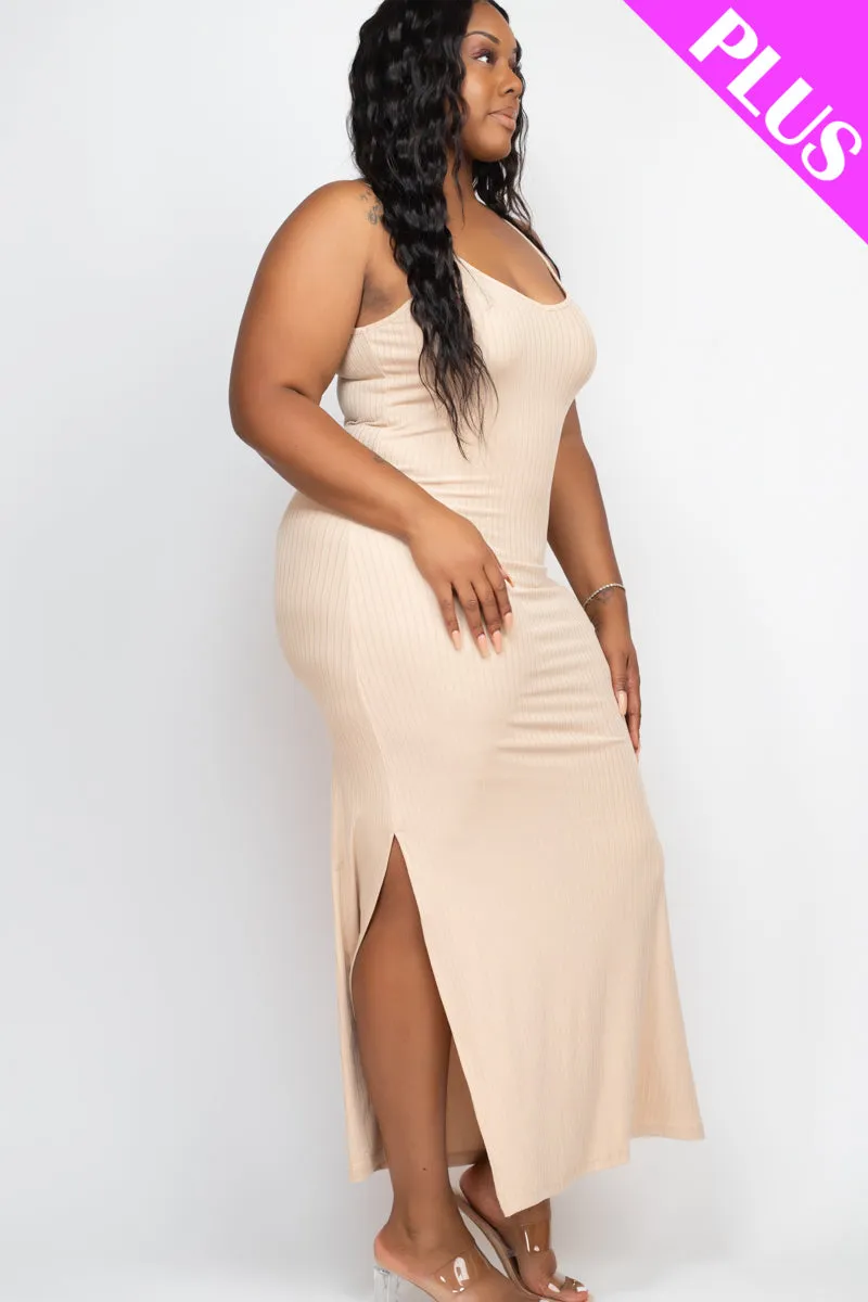 Plus Size Ribbed Side Slit Long Cami Maxi Dress