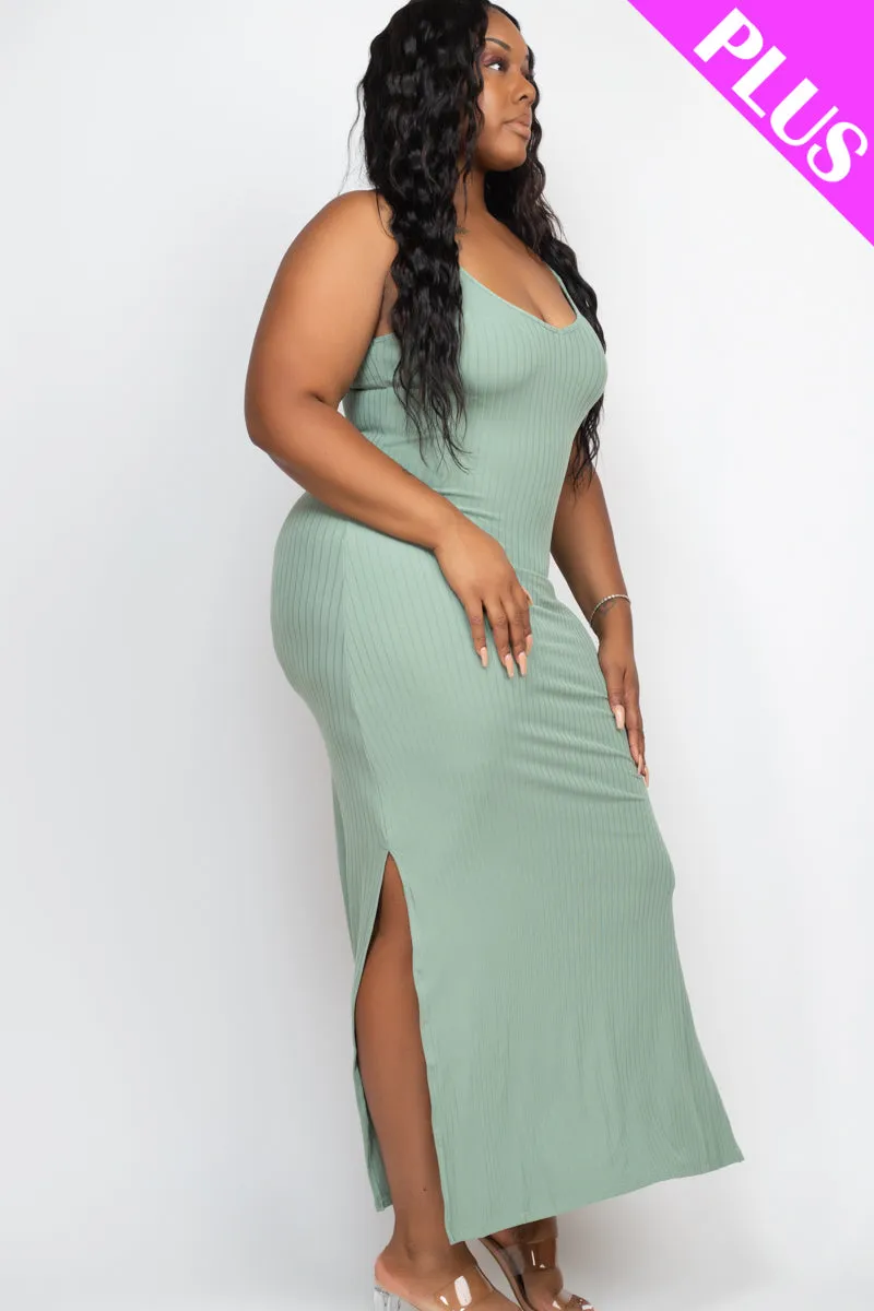 Plus Size Ribbed Side Slit Long Cami Maxi Dress