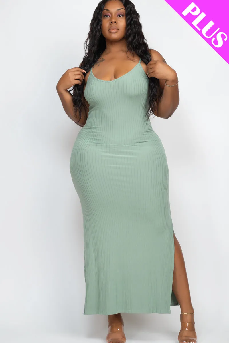 Plus Size Ribbed Side Slit Long Cami Maxi Dress