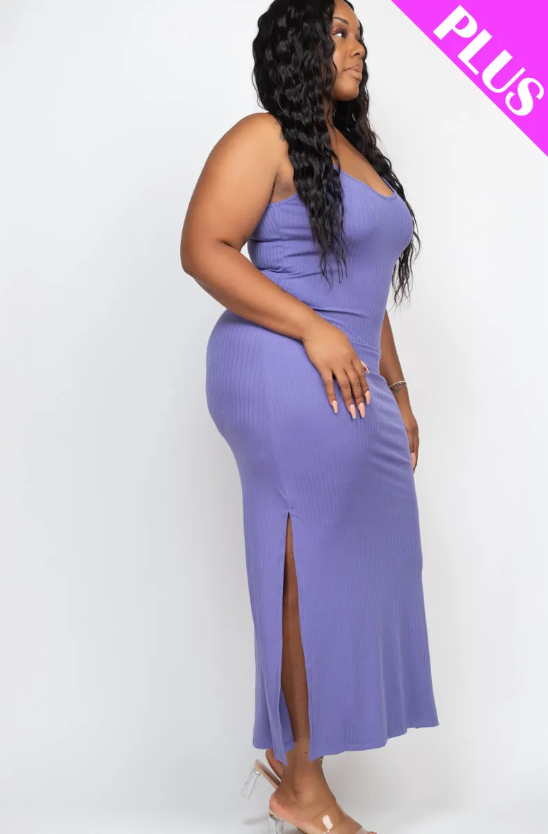 Plus Size Ribbed Side Slit Long Cami Maxi Dress