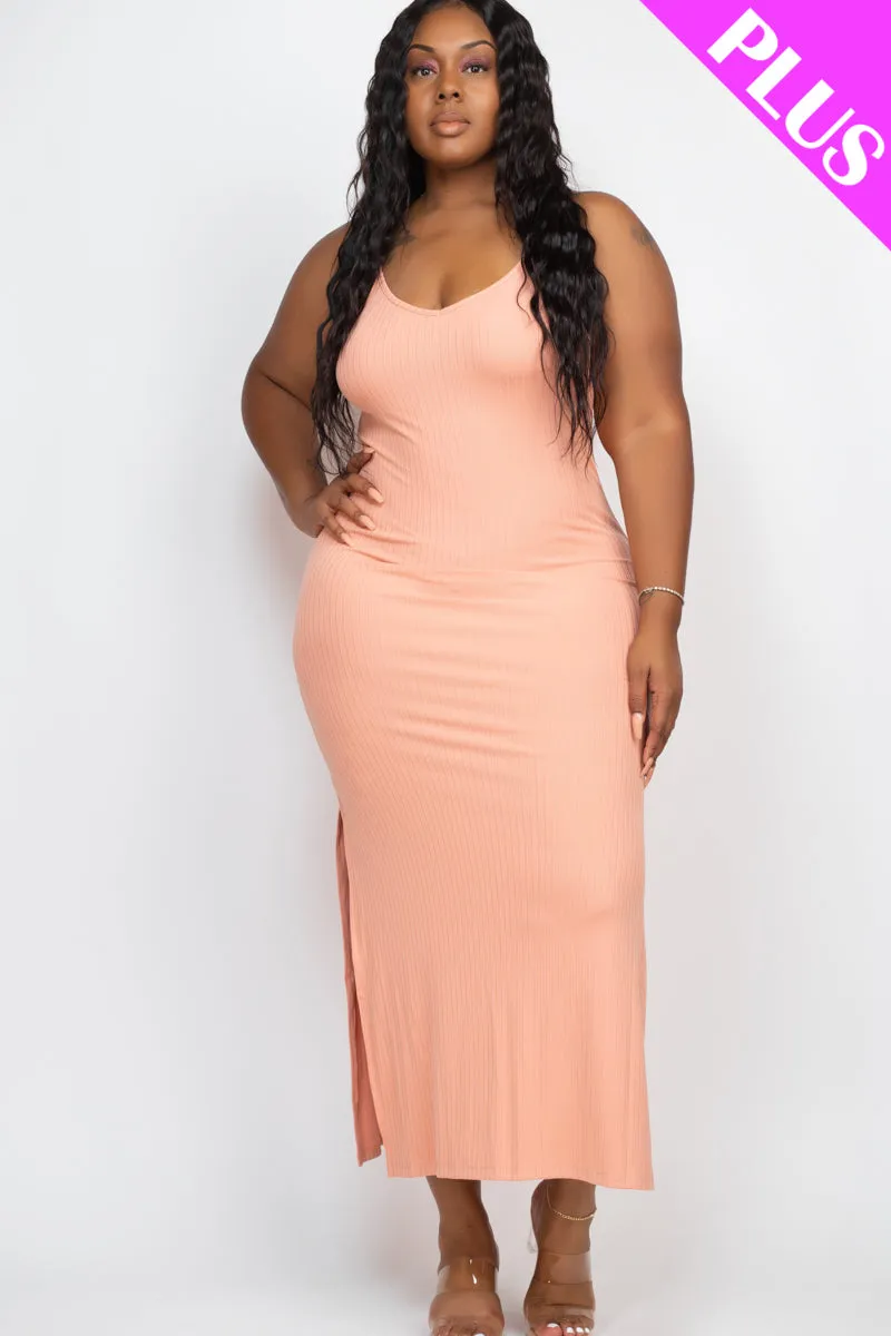 Plus Size Ribbed Side Slit Long Cami Maxi Dress