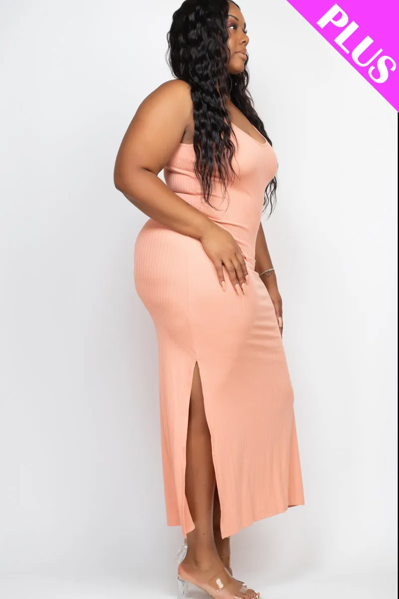 Plus Size Ribbed Side Slit Long Cami Maxi Dress