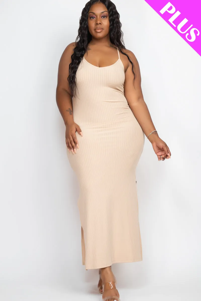 Plus Size Ribbed Side Slit Long Cami Maxi Dress