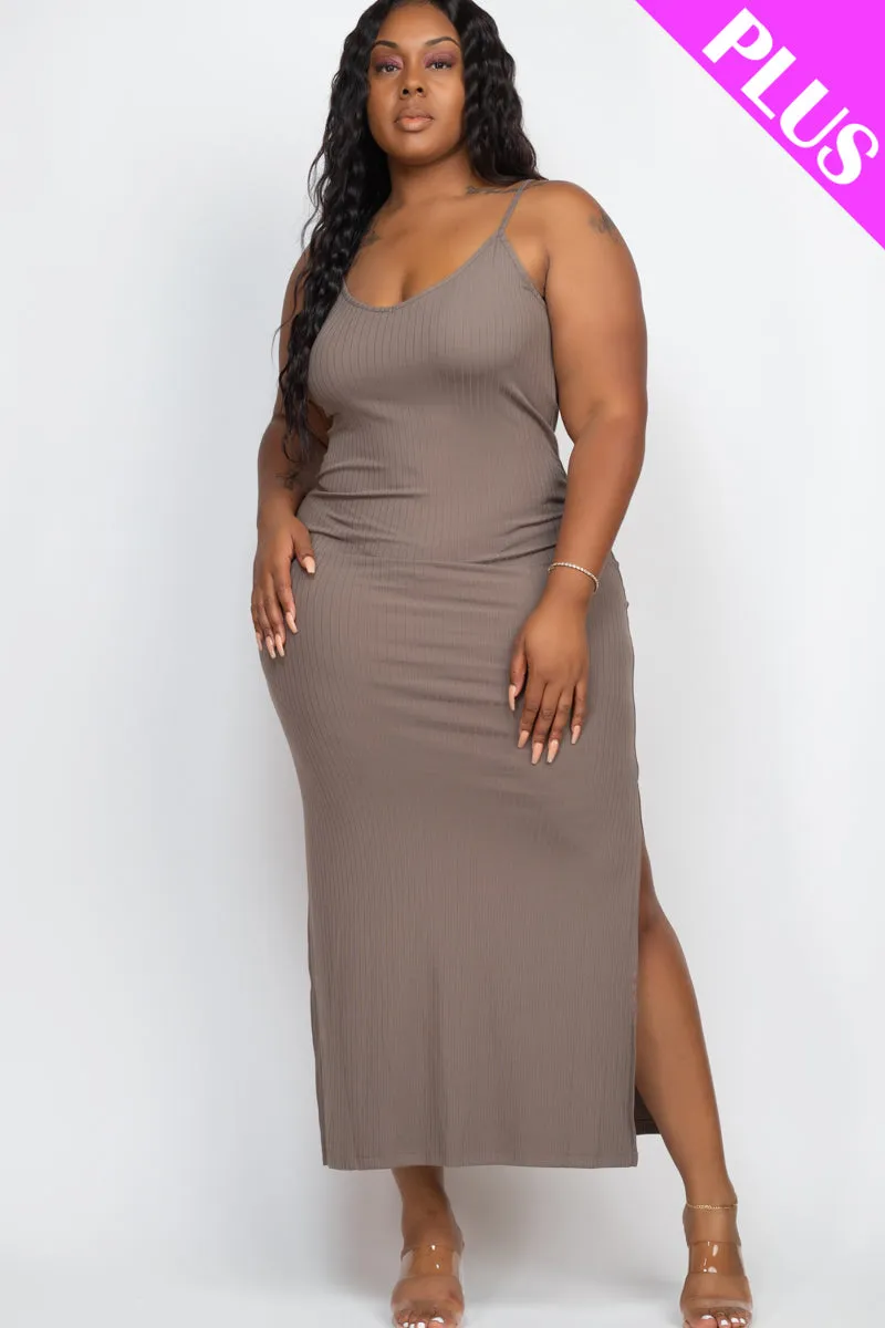 Plus Size Ribbed Side Slit Long Cami Maxi Dress