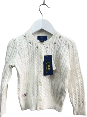 Polo Ralph Lauren White 100% Cotton Cable Knit Cardigan With Embroidered Logo And Flowers BNWT 3 Years