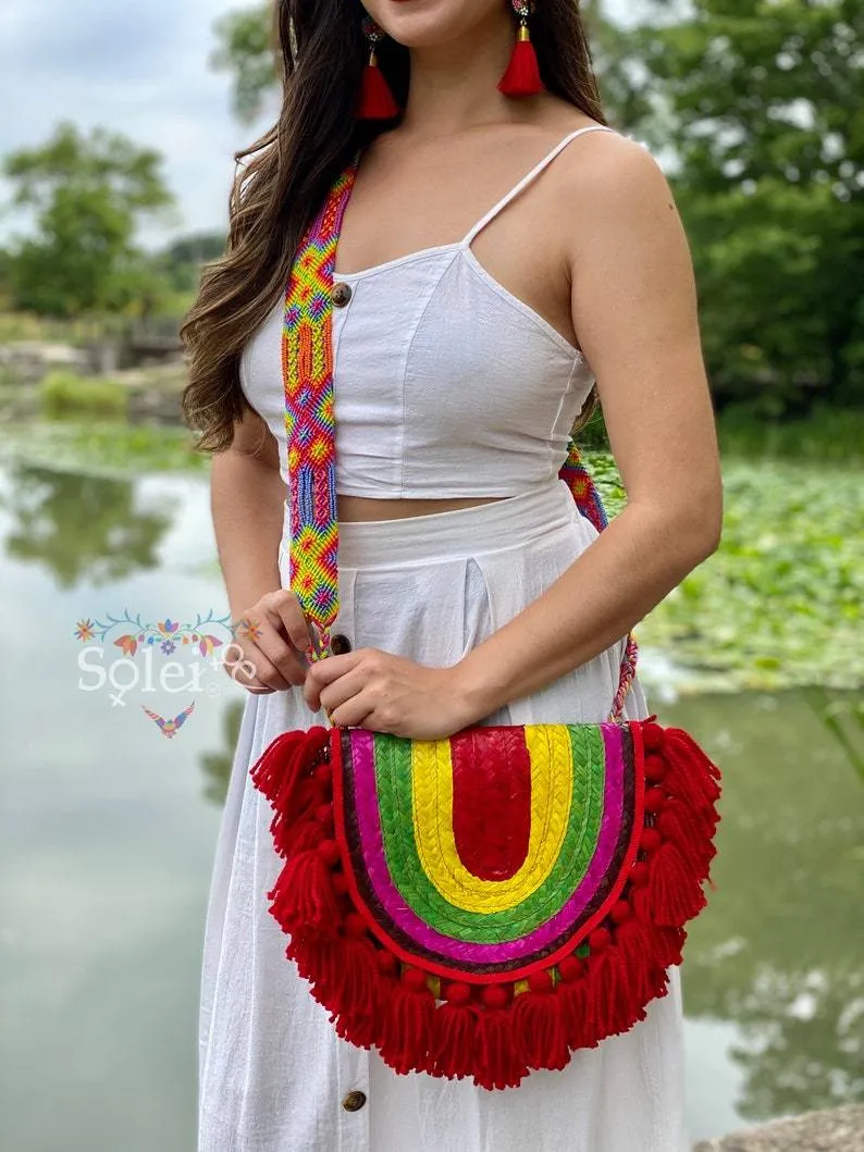 Rainbow Artisanal Mexican Palm Purse with Tassels. Palma Crossbody