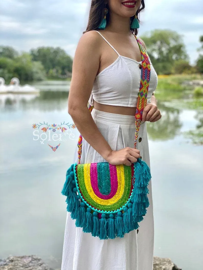 Rainbow Artisanal Mexican Palm Purse with Tassels. Palma Crossbody