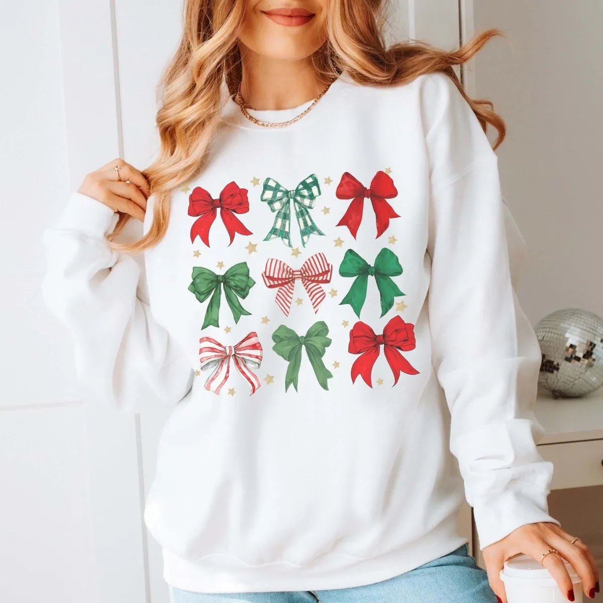 Red & Green Christmas Bow Collage Wholesale Graphic Sweatshirt - Fast Shipping