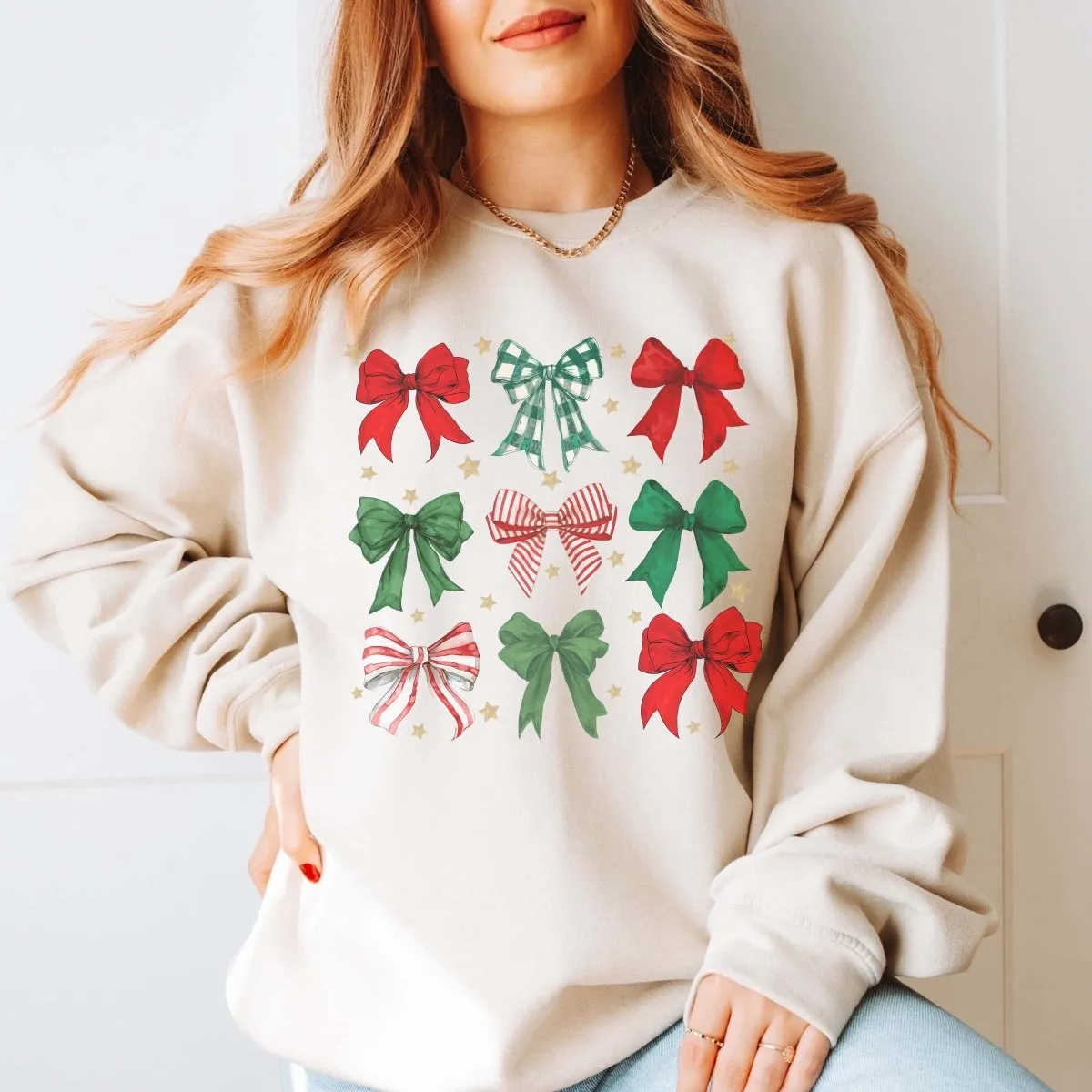 Red & Green Christmas Bow Collage Wholesale Graphic Sweatshirt - Fast Shipping