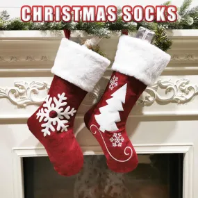 Red Christmas Stocking,  Christmas Gift Embroidered Family Stocking, Holiday Knit Stocking Embroidered, Knit Needlepoint Snowflake Tree